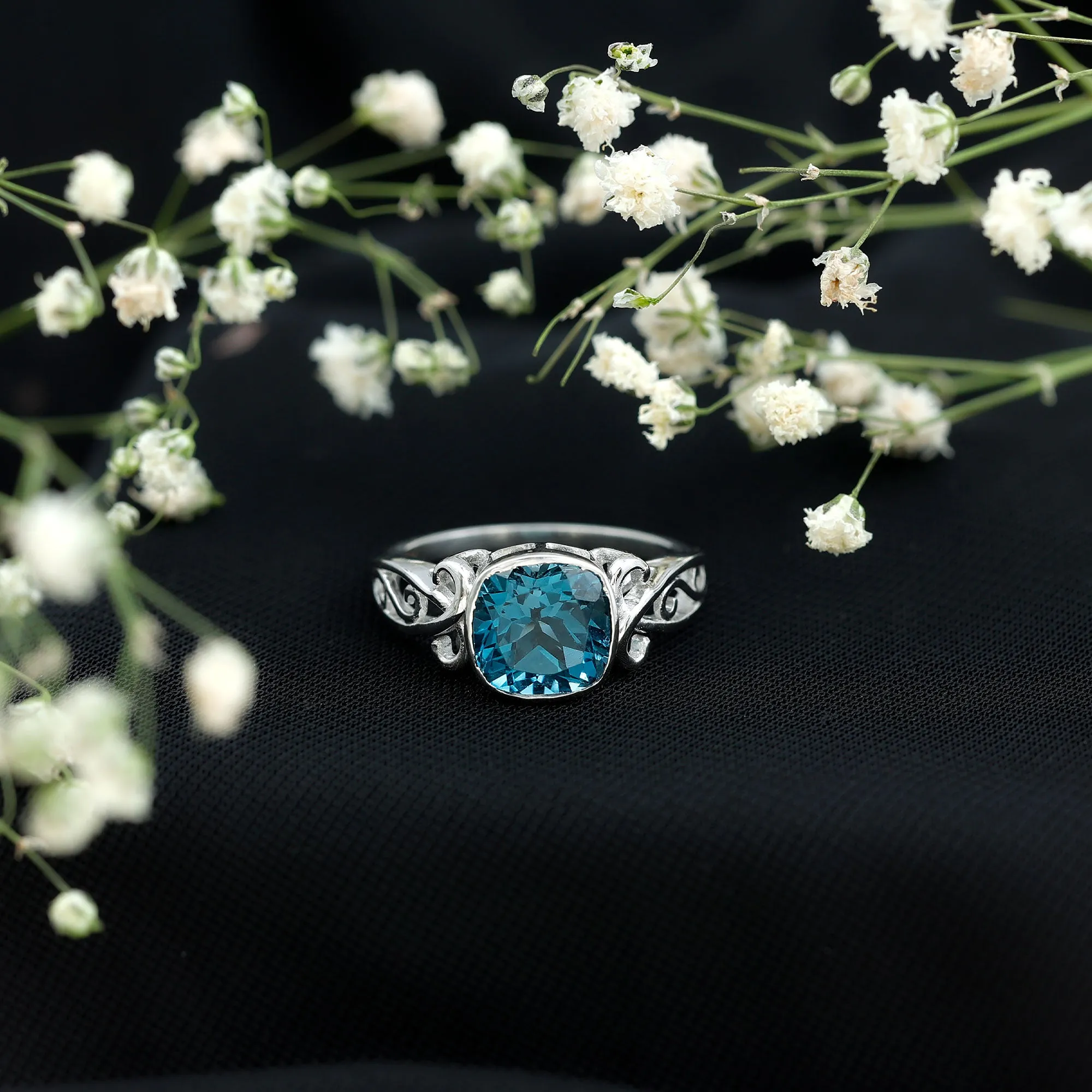2.75 CT Vintage Style Cushion London Blue Topaz Solitaire Ring in Bezel Setting