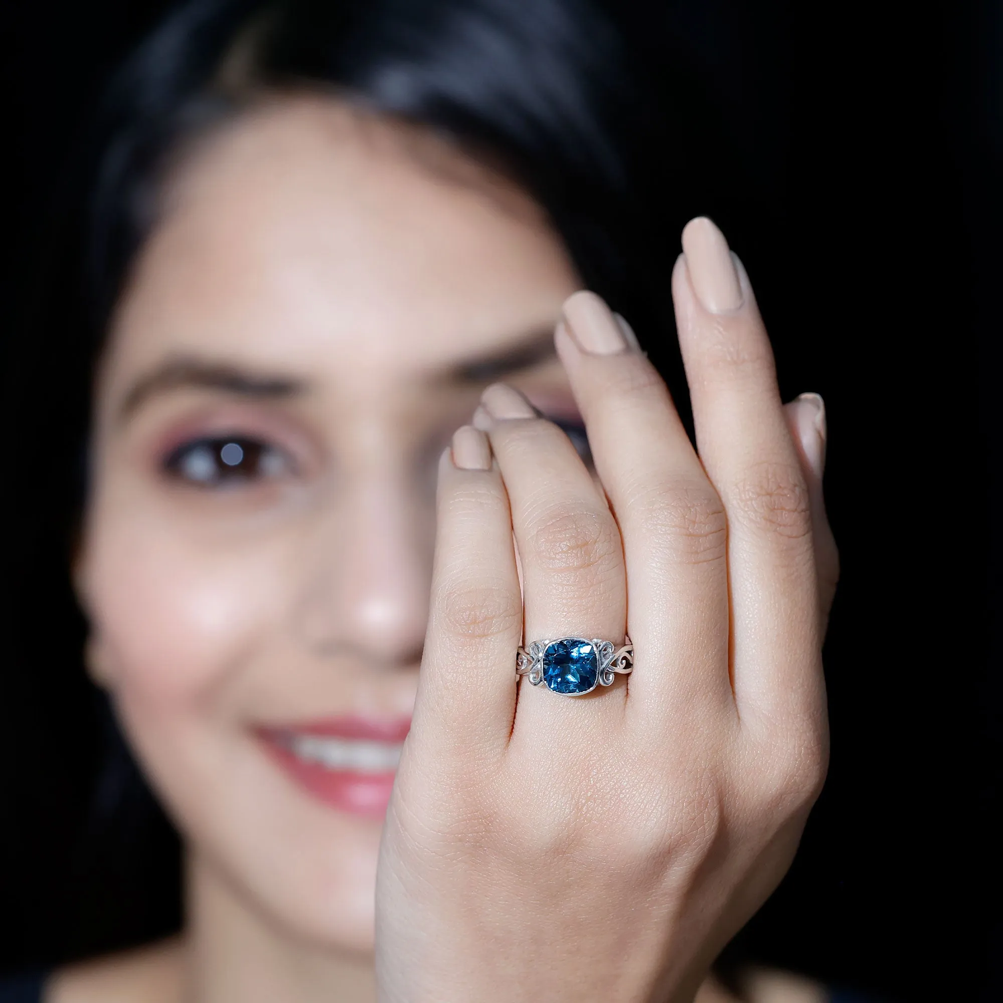 2.75 CT Vintage Style Cushion London Blue Topaz Solitaire Ring in Bezel Setting