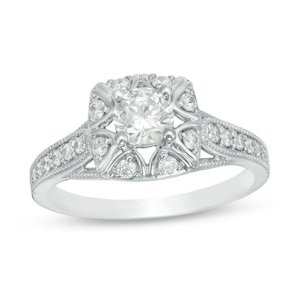 3/4 Cttw Diamond Cushion Frame Vintage-Style Engagement Ring in 10K White Gold (0.75 Cttw, I-I2) Diamond Anniversary Ring