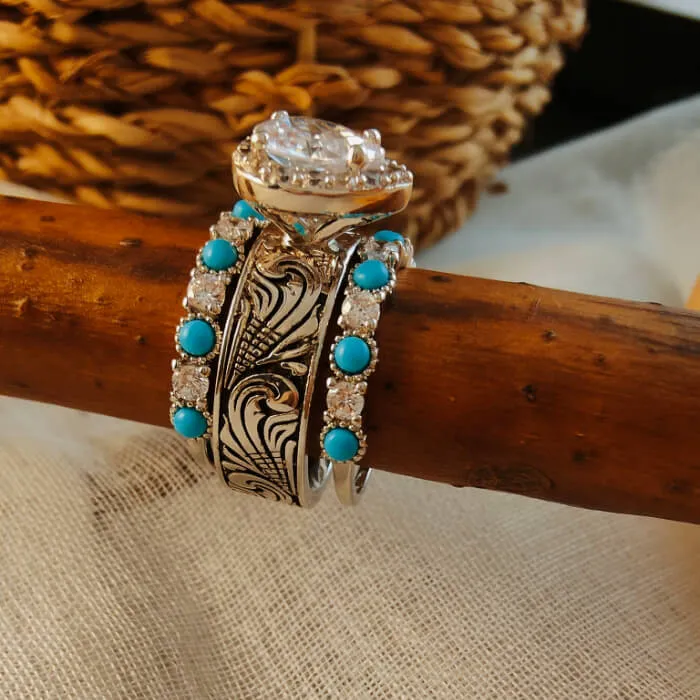 3pc Sterling Silver Pear Vintage Western Wedding Rings with Turquoise