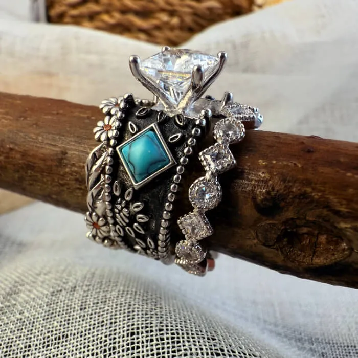 3pc Vintage Flower Engraved Princess Diamond Western Wedding Ring for Women