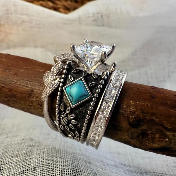 3pc Vintage Plant Nature Princess Western Turquoise Engagement Rings