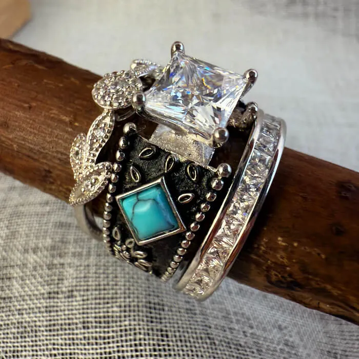 3pc Vintage Plant Nature Princess Western Turquoise Engagement Rings