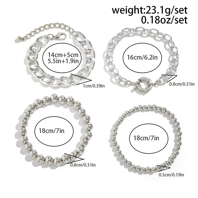 4Pcs/Set Unisex Silver Metal Chain Beaded Bracelets