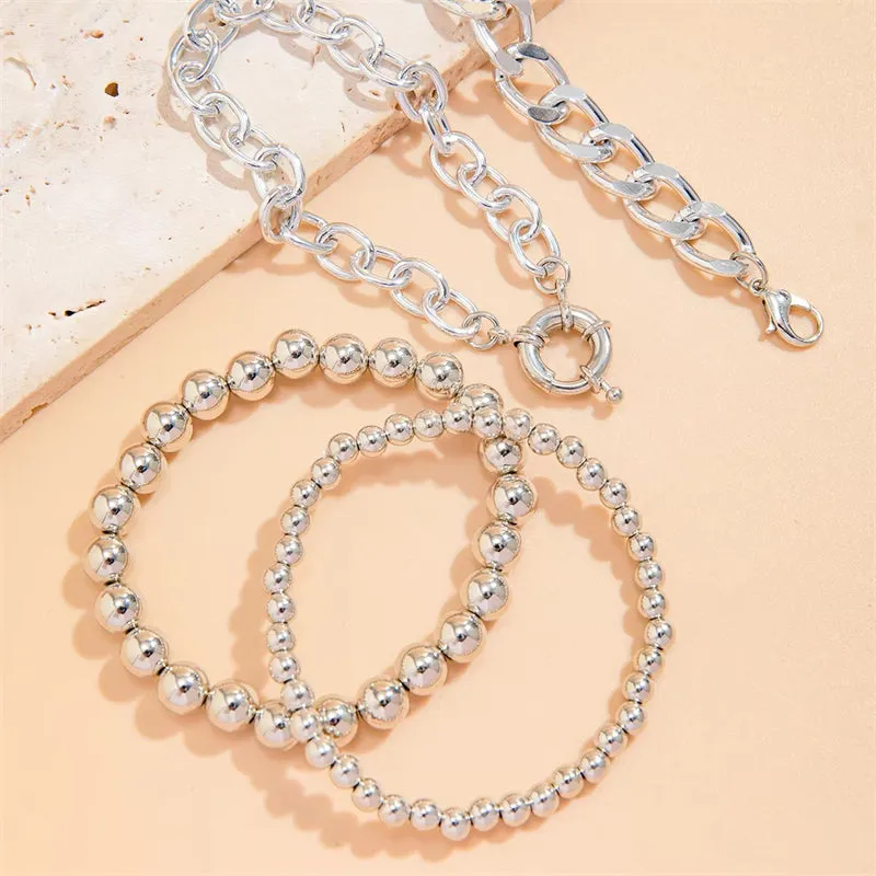4Pcs/Set Unisex Silver Metal Chain Beaded Bracelets