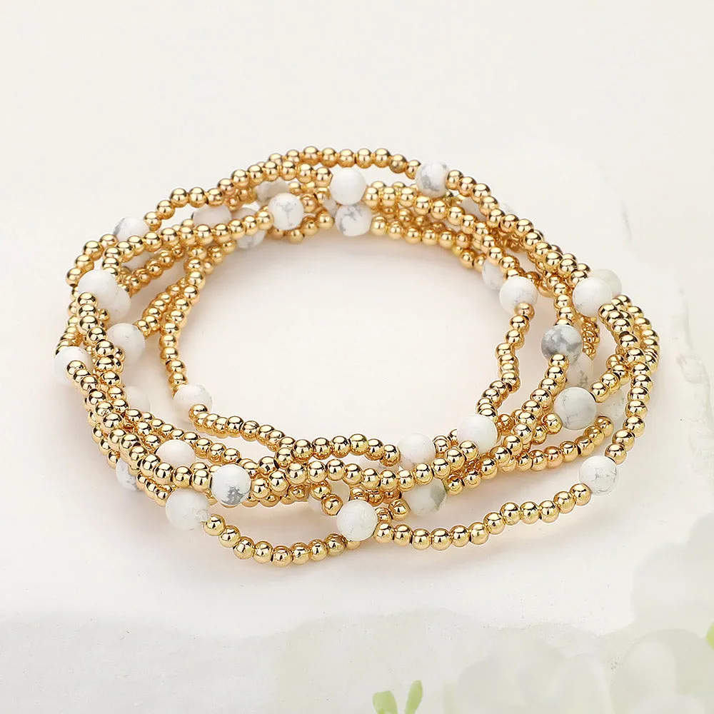 6PCS - Natural Stone Metal Ball Beaded Stretch Multi Layered Bracelets