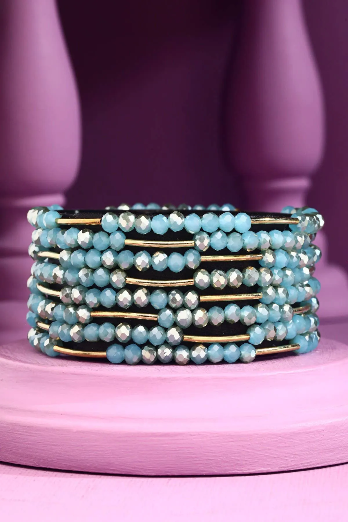 8 Layer Stackable Glass bead & Metal bracelet : MIDNIGHT BLACK(GDBKAB)