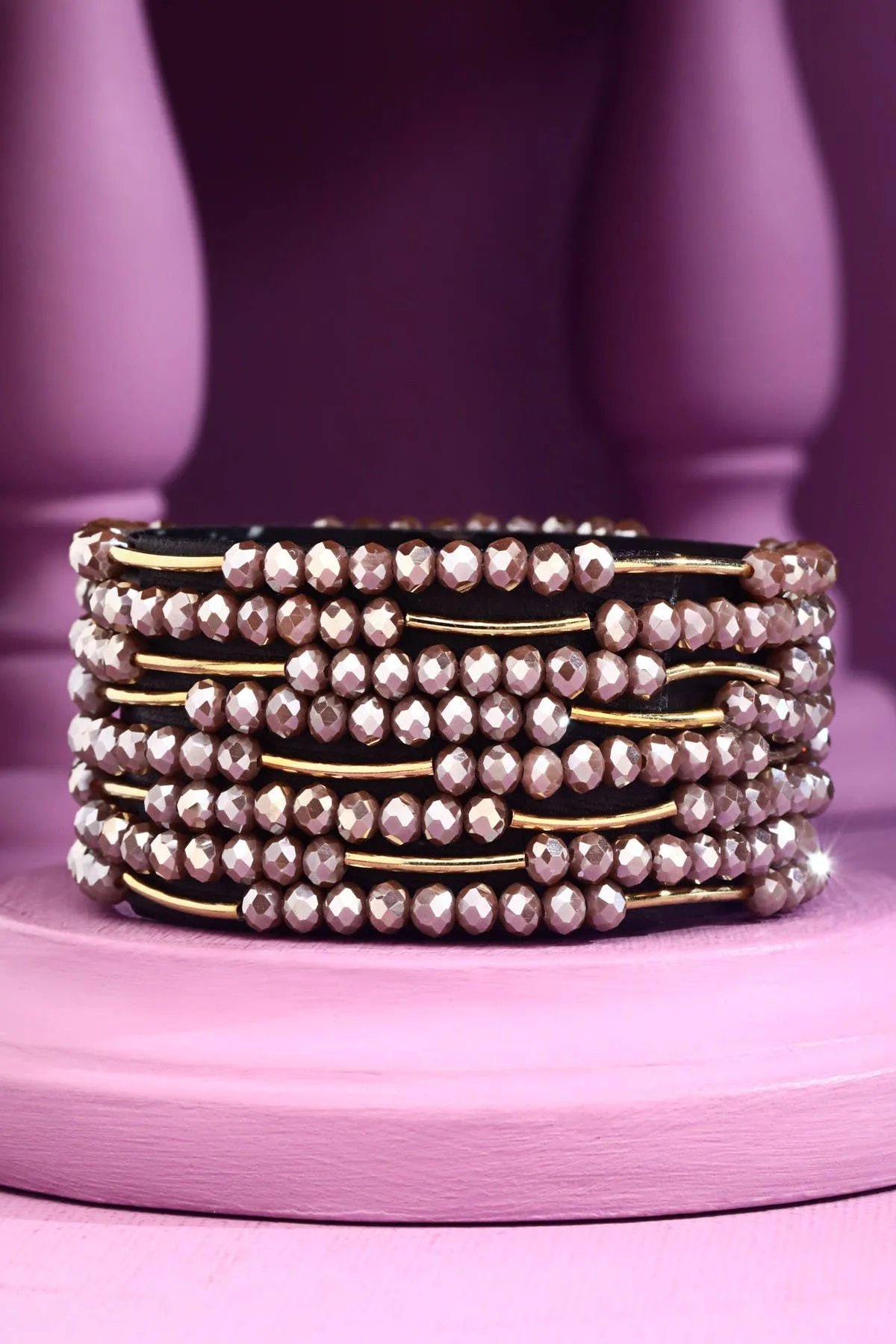 8 Layer Stackable Glass bead & Metal bracelet : PINK