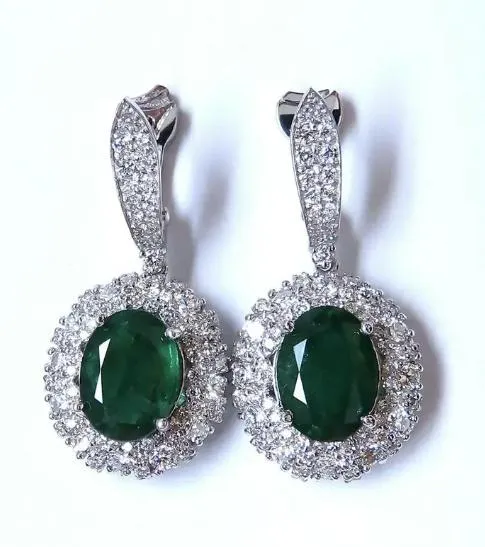 8.35ct Natural Oval Emeralds Diamond Dangle Earrings 18kt Halo Cluster 12643