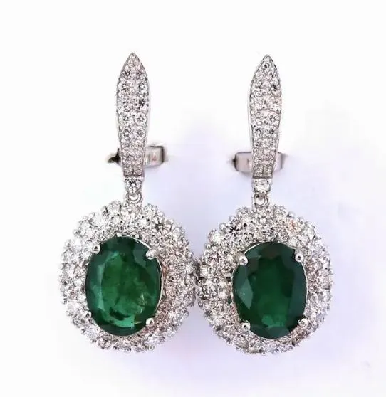 8.35ct Natural Oval Emeralds Diamond Dangle Earrings 18kt Halo Cluster 12643