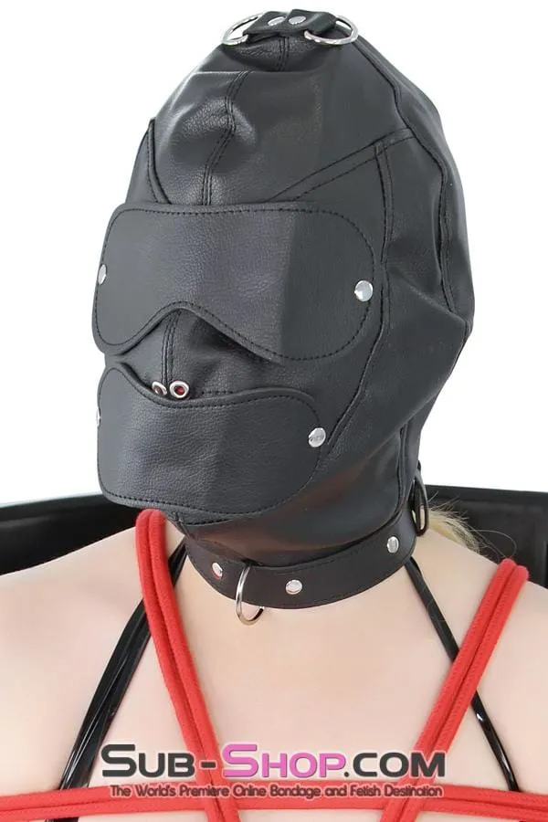 8814RS      Matte Punishment Hood with Collar and Removable Blindfold & Gag