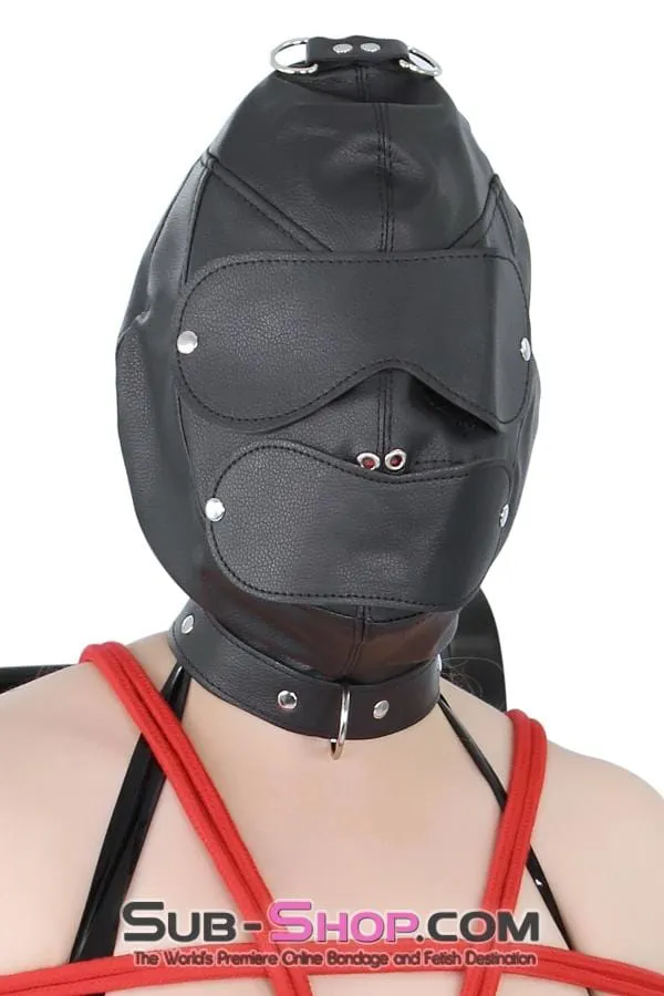 8814RS      Matte Punishment Hood with Collar and Removable Blindfold & Gag