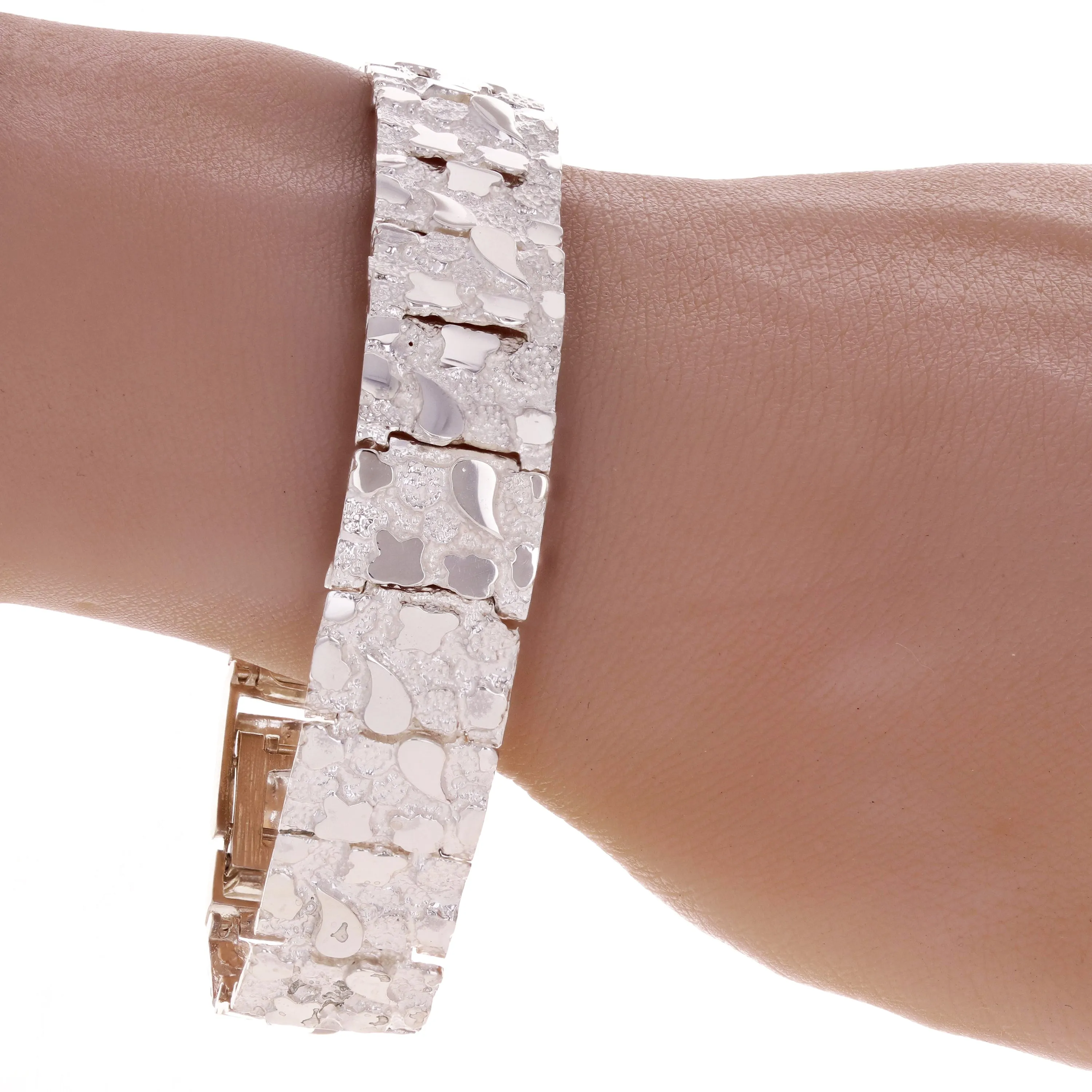 925 Sterling Silver Adjustable Solid Nugget Style Bracelet 6" 15mm 25 grams
