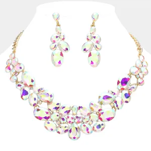 AB Multi Stone Bubble Cluster Prom Necklace Set on Gold | Evening Necklace with Earrings |  636318