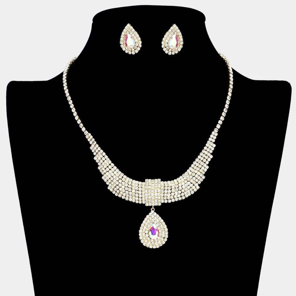 AB on Gold Crystal Teardrops with Rhinestone Cluster Accents Evening Necklace | Prom Necklace Set |  634512