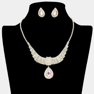 AB on Gold Crystal Teardrops with Rhinestone Cluster Accents Evening Necklace | Prom Necklace Set |  634512