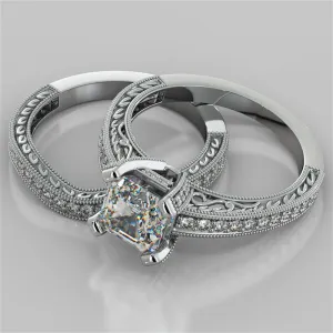 Accented Filigree Style Asscher Cut Wedding Set