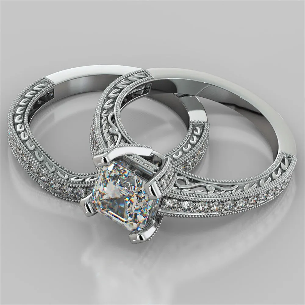 Accented Filigree Style Asscher Cut Wedding Set