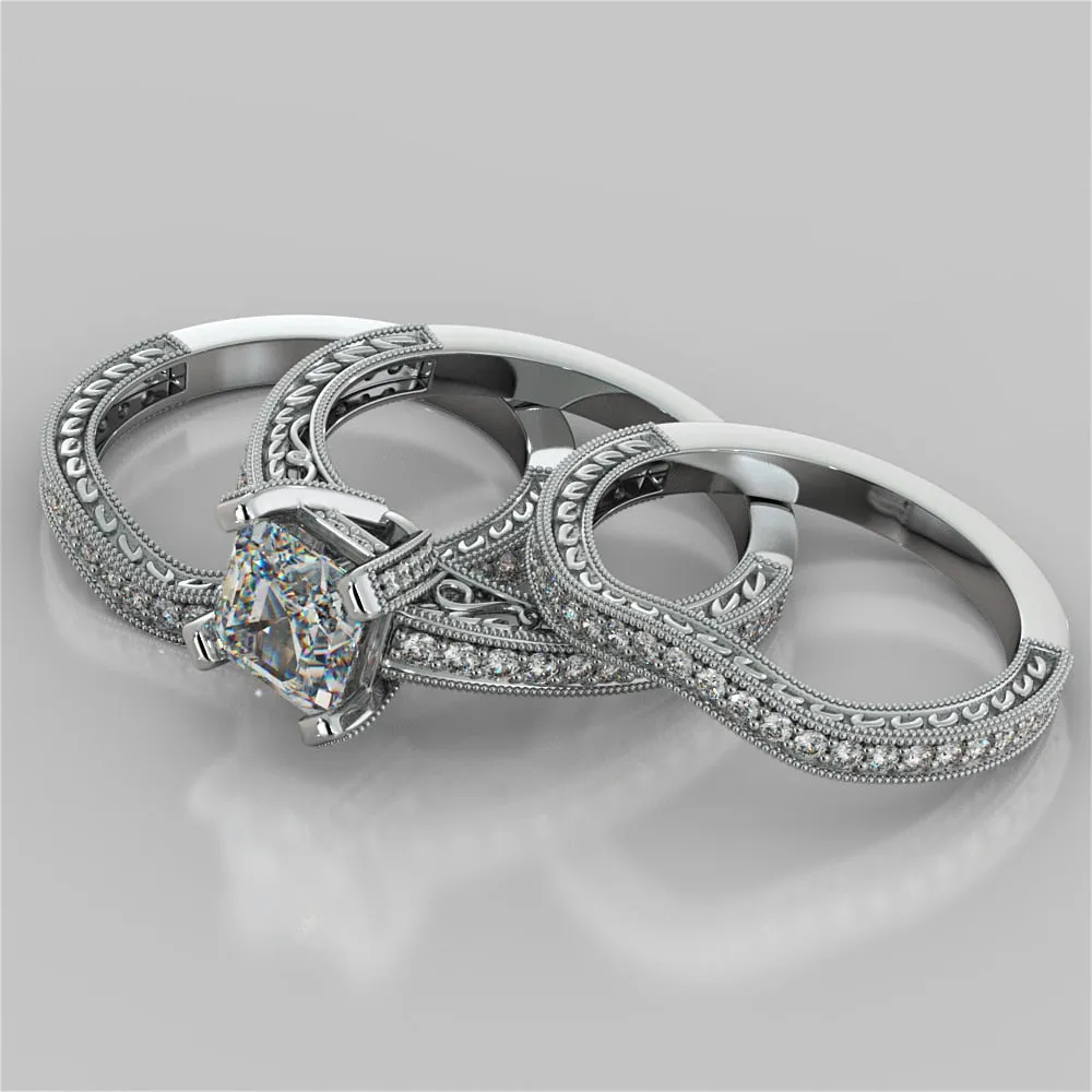 Accented Filigree Style Asscher Cut Wedding Set