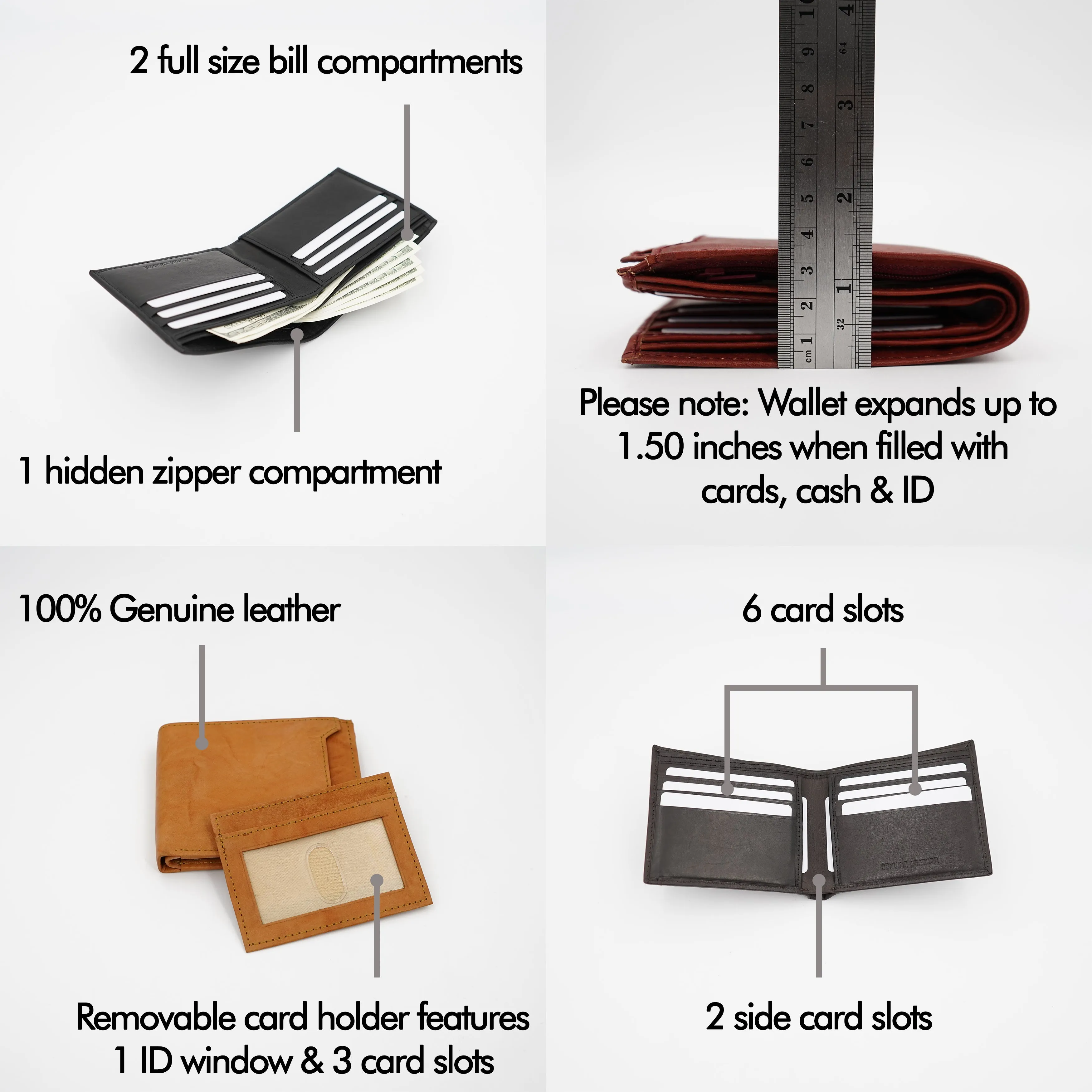 AG Wallets Leather Men's 2-in-1 Bifold Wallet with Detachable Minimalist ID Holder – Sleek & Functional Card Organizer