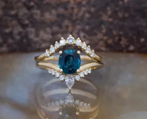 Alternative engagement ring set with Blue Green Sapphire and diamonds