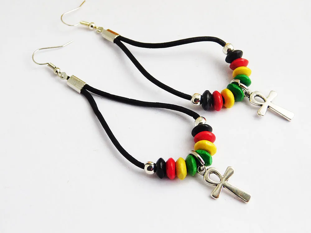 Ankh Bracelet Rasta Bangle Leather Earrings Jewelry Set