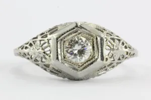 Antique Art Deco 18K White Gold Transition Cut Diamond Engagement Ring