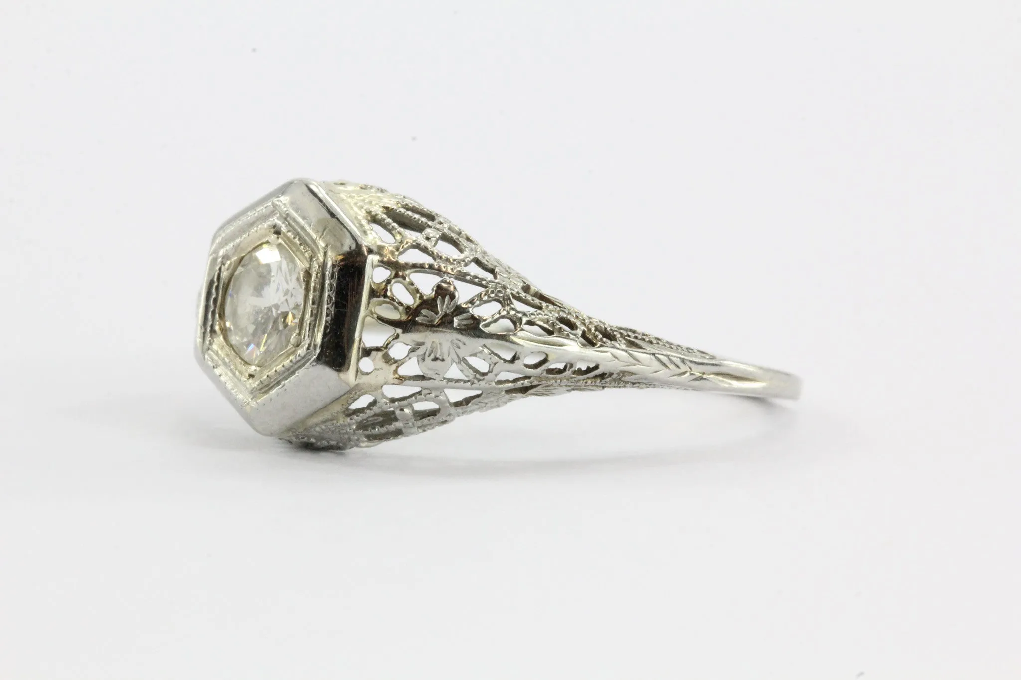 Antique Art Deco 18K White Gold Transition Cut Diamond Engagement Ring