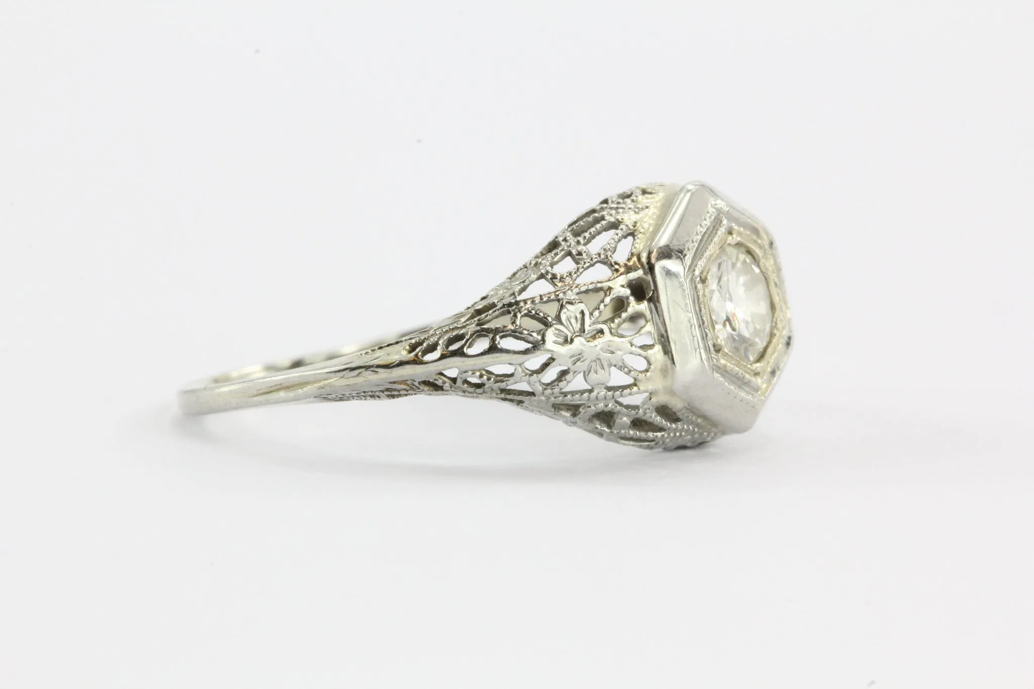 Antique Art Deco 18K White Gold Transition Cut Diamond Engagement Ring