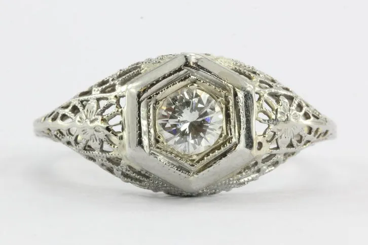 Antique Art Deco 18K White Gold Transition Cut Diamond Engagement Ring