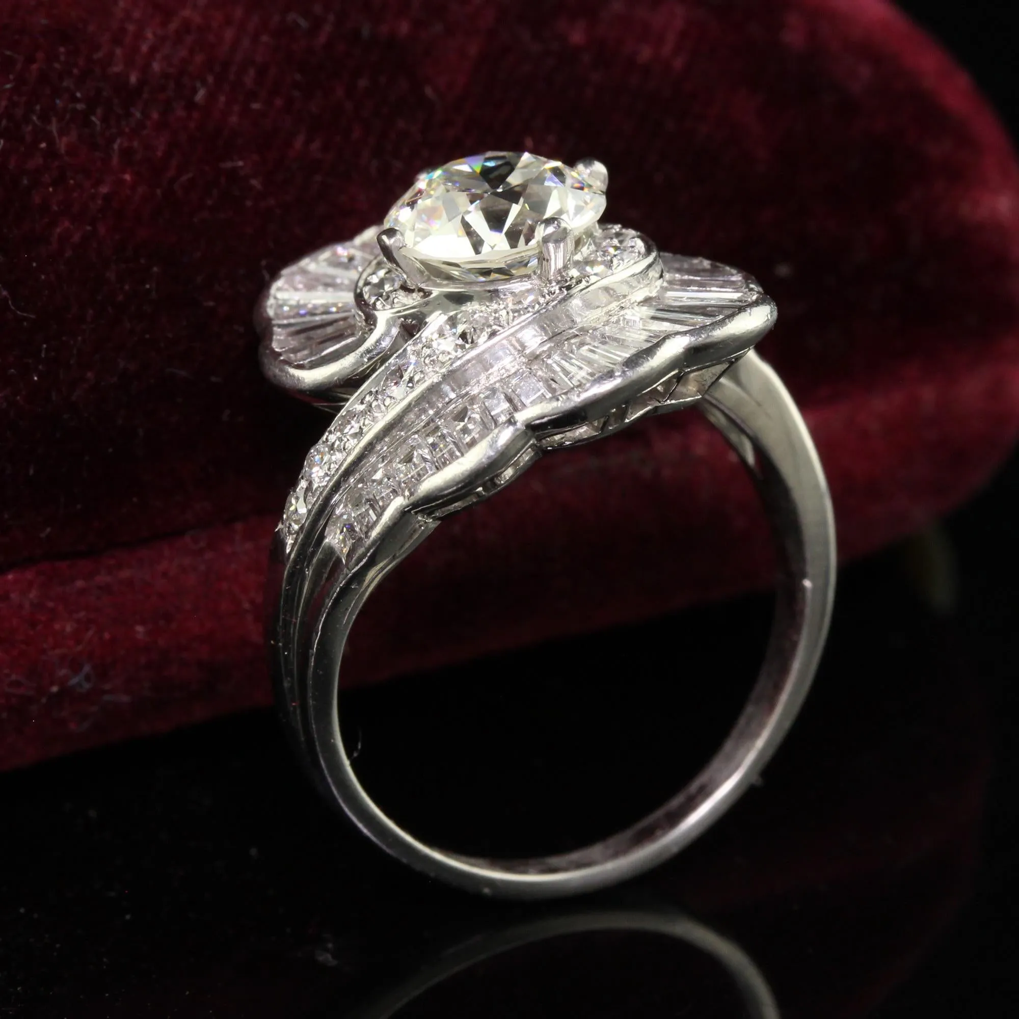 Antique Retro Platinum Old European and Baguette Diamond Cocktail Ring - GIA