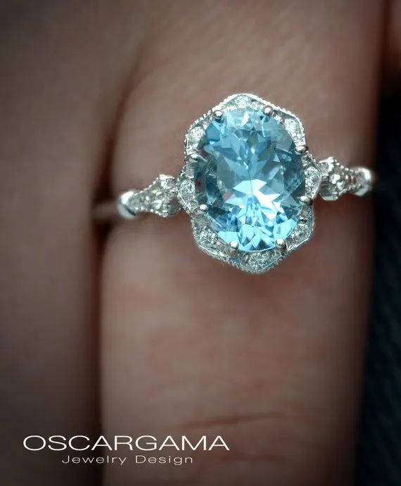 Aqua Marine Daisy oval halo engagement ring vintage inspired