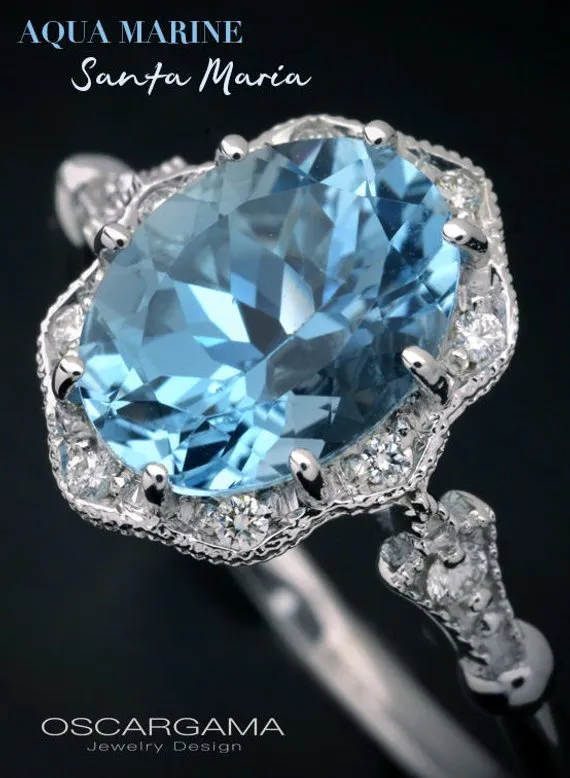 Aqua Marine Daisy oval halo engagement ring vintage inspired