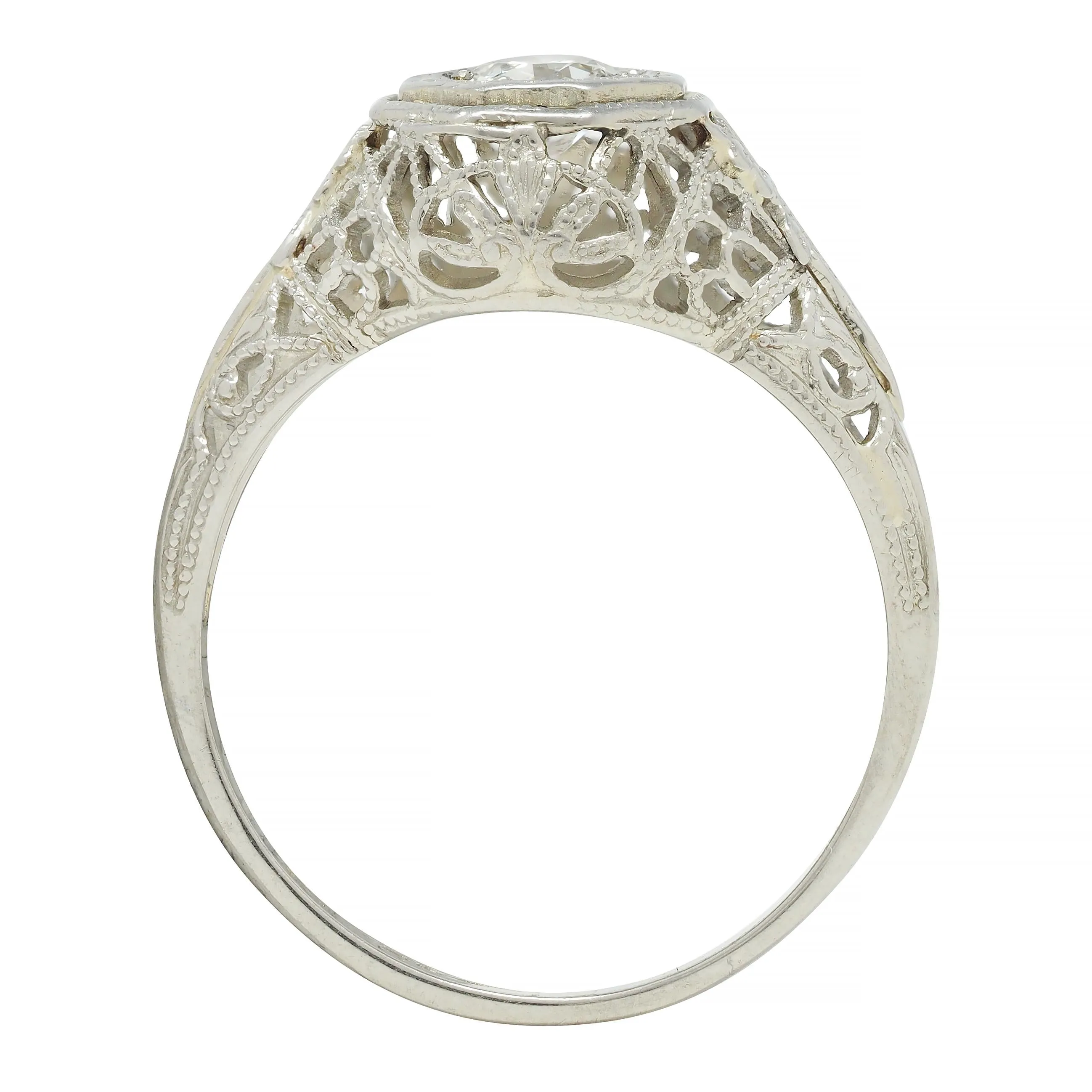 Art Deco 0.31 CTW Old European Cut Diamond 18 Karat Gold Lotus Engagement Ring
