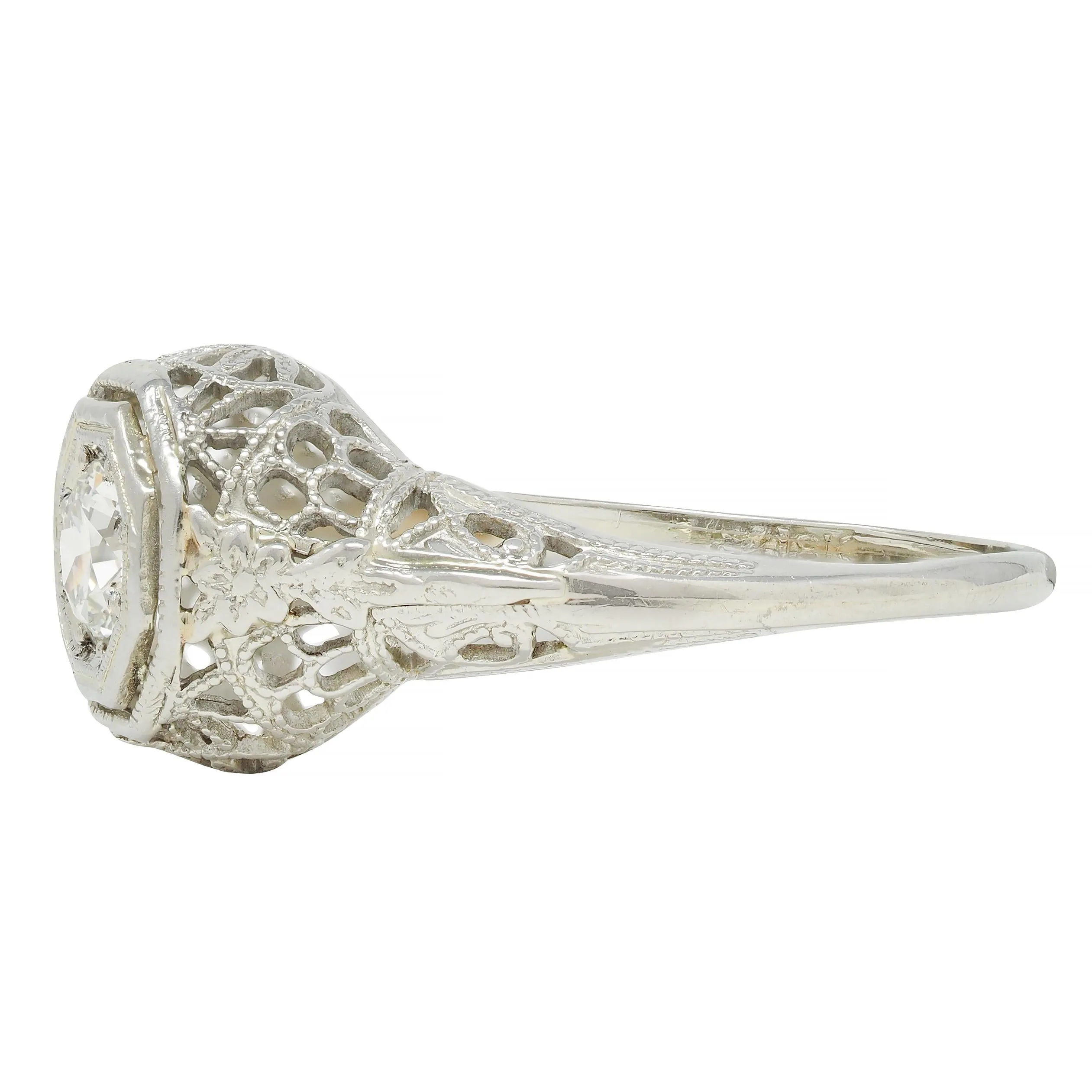 Art Deco 0.31 CTW Old European Cut Diamond 18 Karat Gold Lotus Engagement Ring