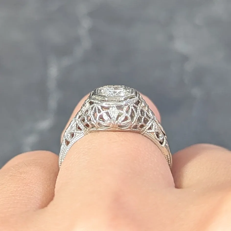 Art Deco 0.31 CTW Old European Cut Diamond 18 Karat Gold Lotus Engagement Ring