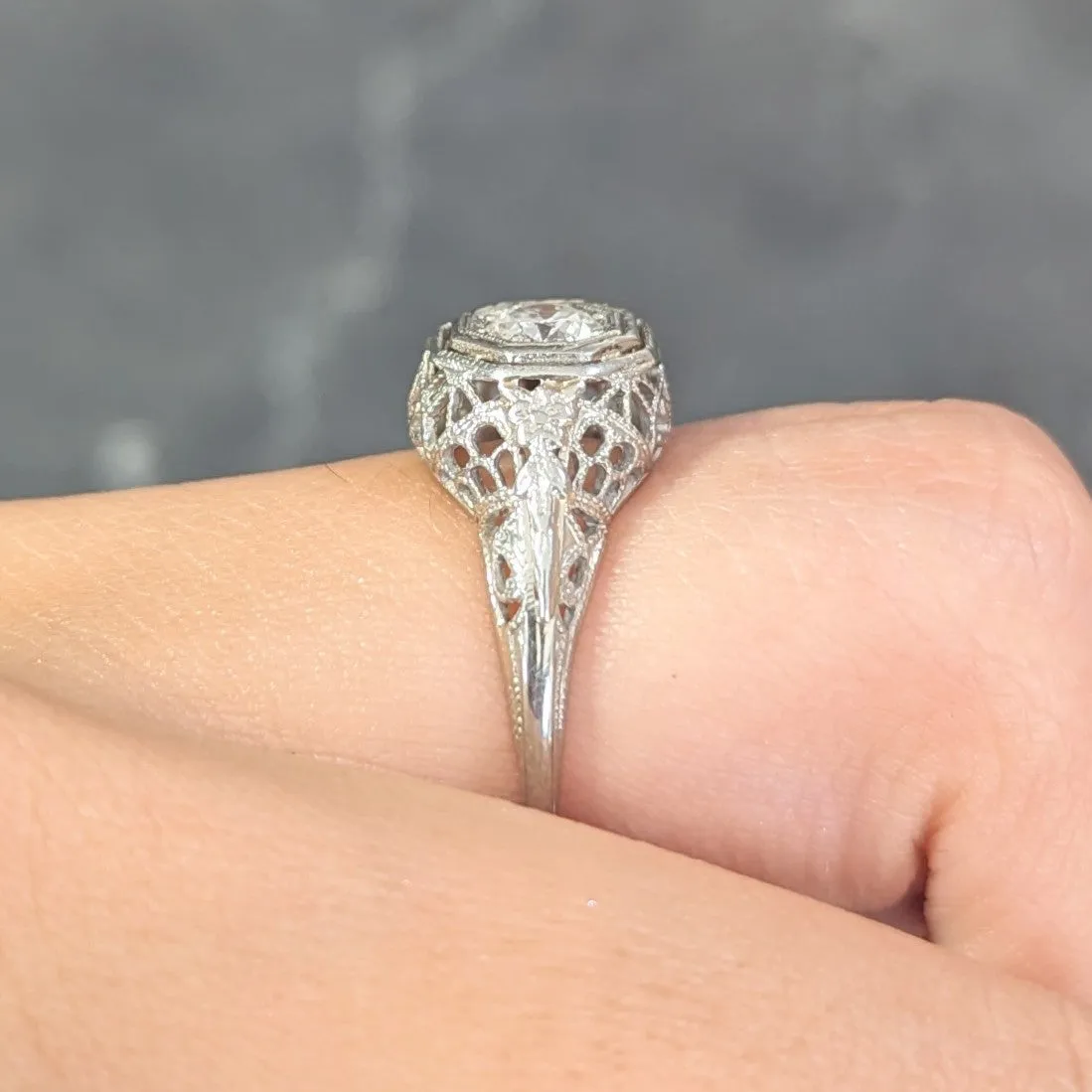 Art Deco 0.31 CTW Old European Cut Diamond 18 Karat Gold Lotus Engagement Ring