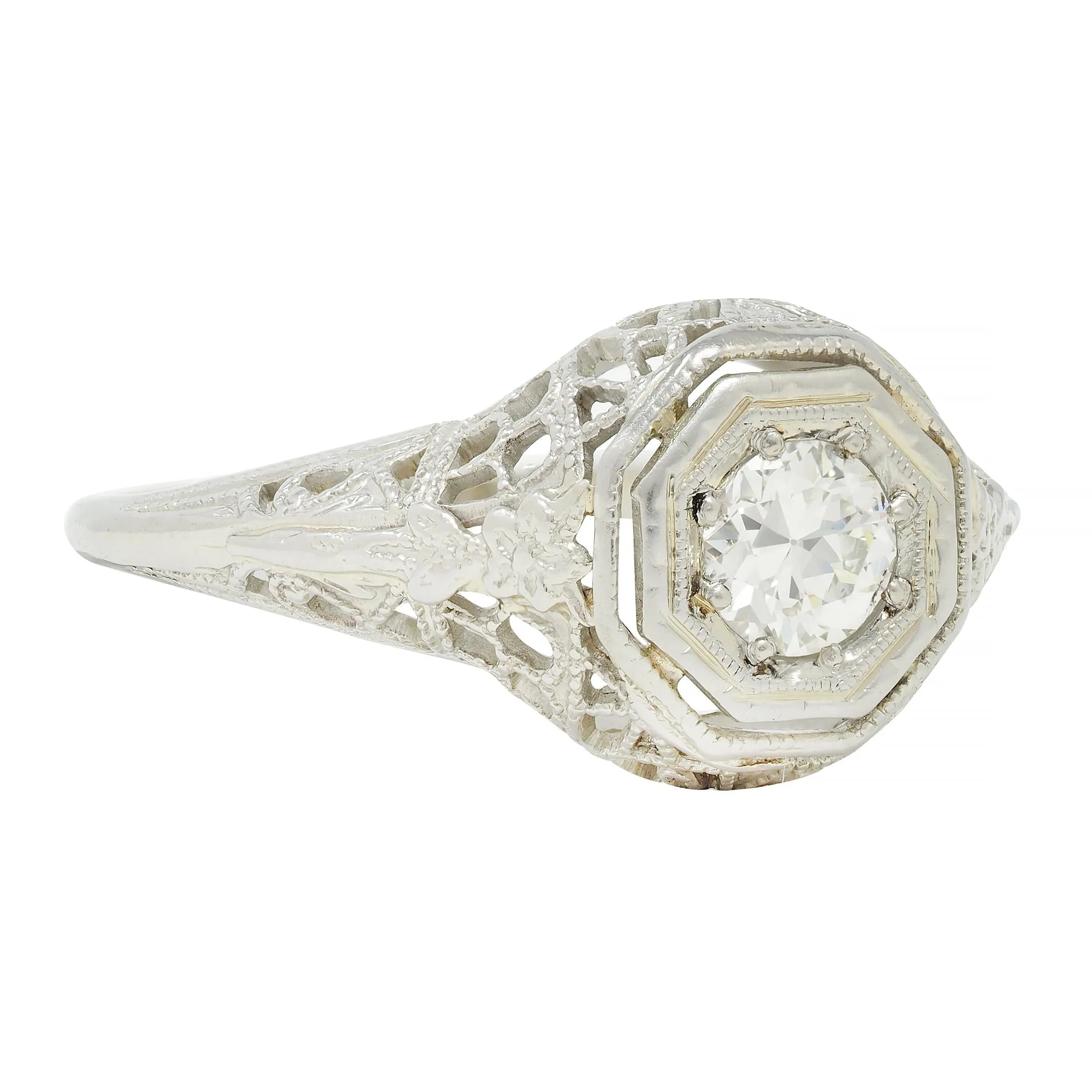 Art Deco 0.31 CTW Old European Cut Diamond 18 Karat Gold Lotus Engagement Ring