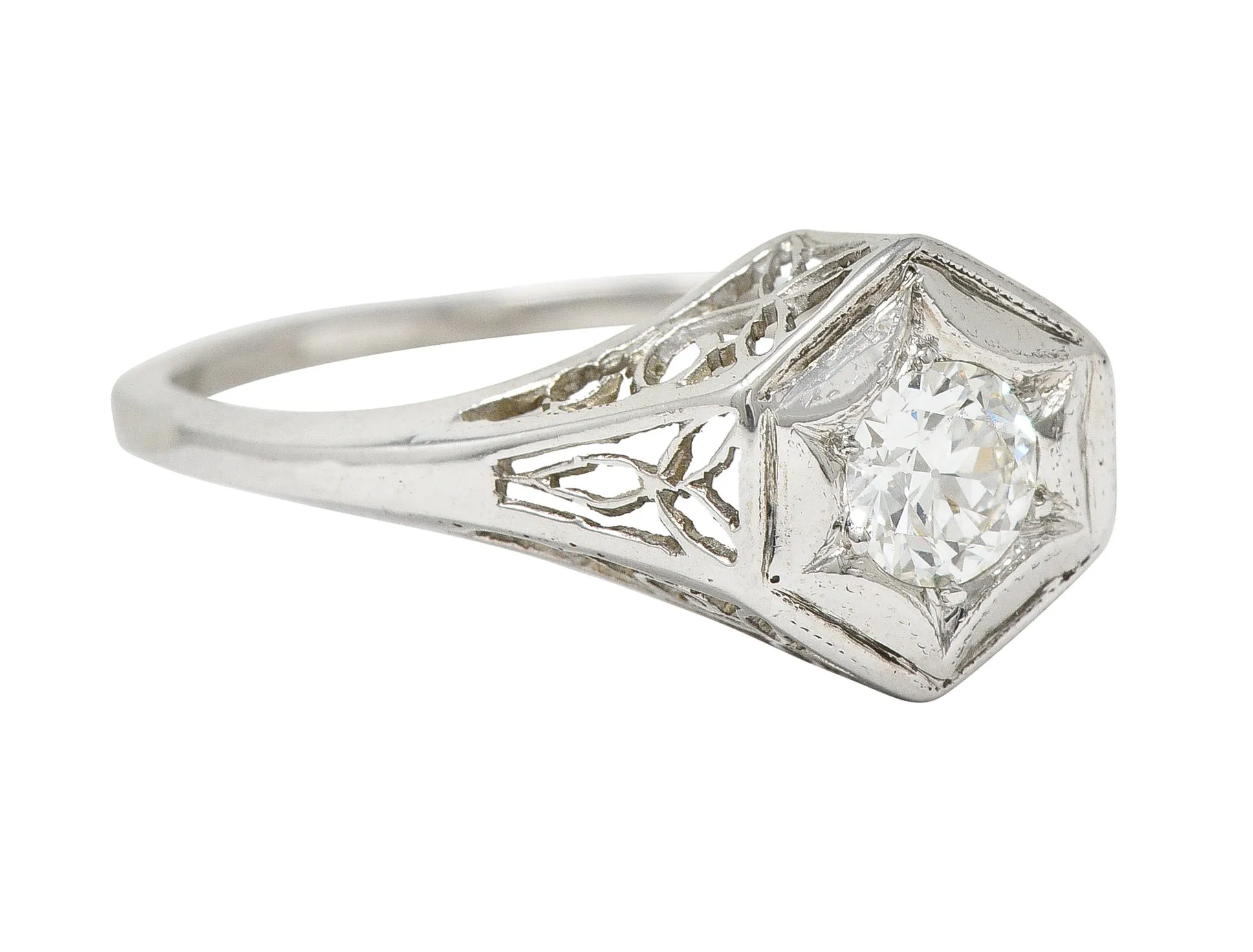 Art Deco 0.47 CTW Diamond 14 Karat White Gold Starburst Foliate Engagement Ring