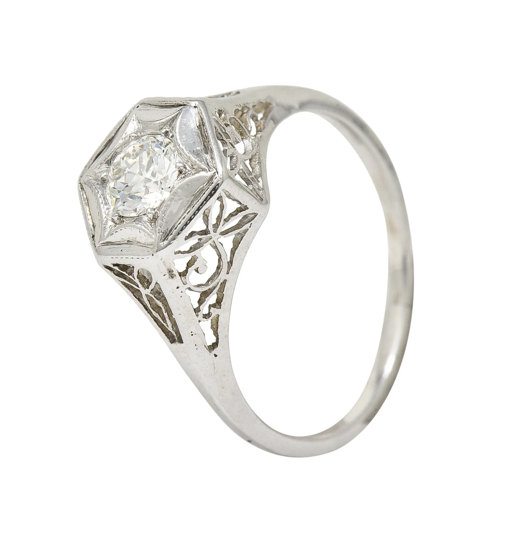Art Deco 0.47 CTW Diamond 14 Karat White Gold Starburst Foliate Engagement Ring