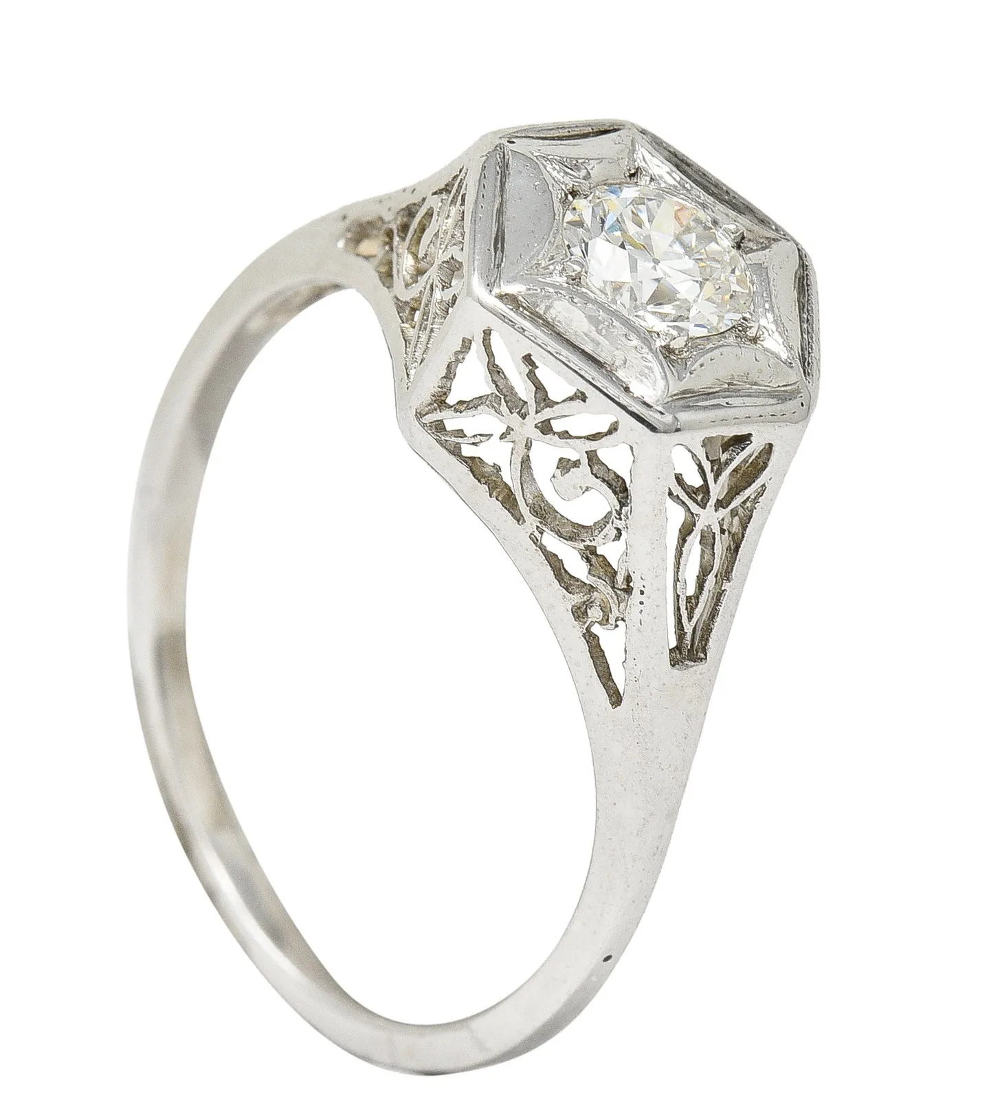 Art Deco 0.47 CTW Diamond 14 Karat White Gold Starburst Foliate Engagement Ring