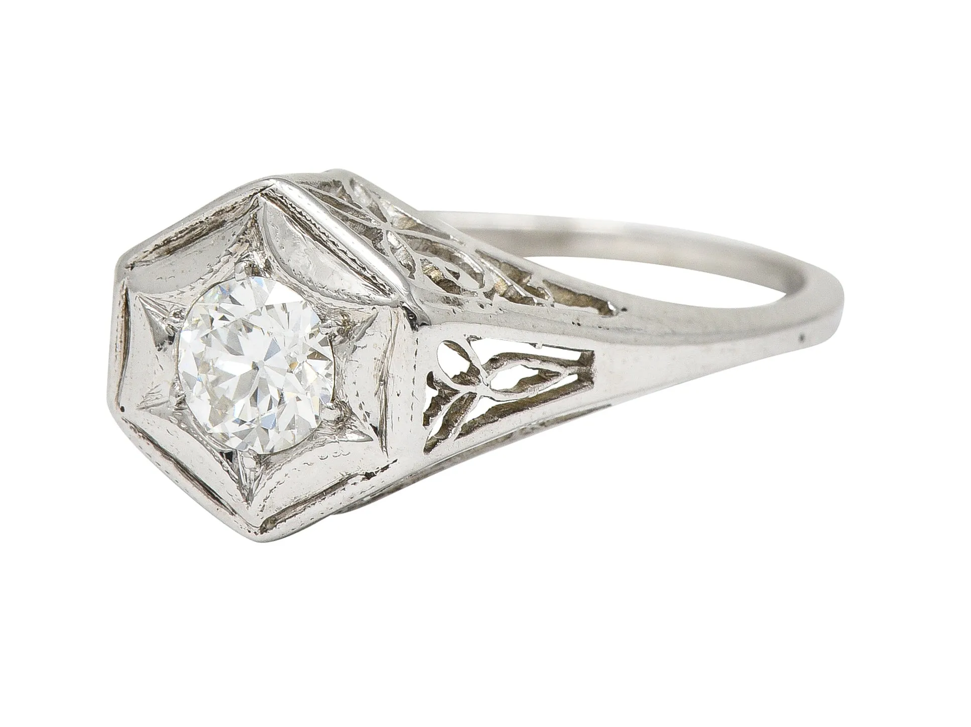 Art Deco 0.47 CTW Diamond 14 Karat White Gold Starburst Foliate Engagement Ring