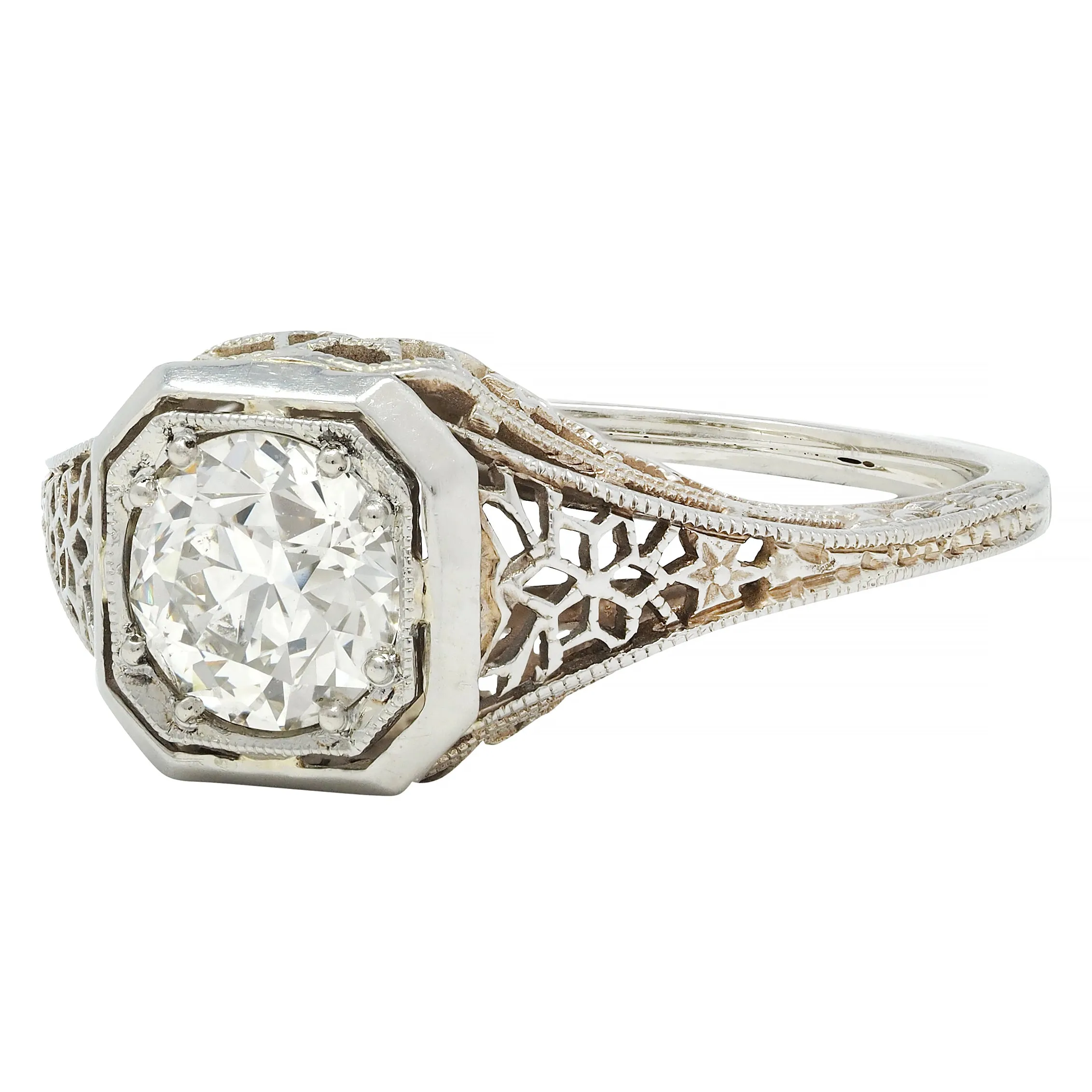 Art Deco 0.90 CTW Old European Cut Diamond Floral Vintage Engagement Ring