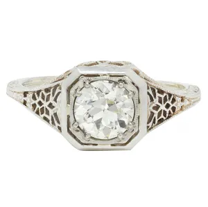 Art Deco 0.90 CTW Old European Cut Diamond Floral Vintage Engagement Ring