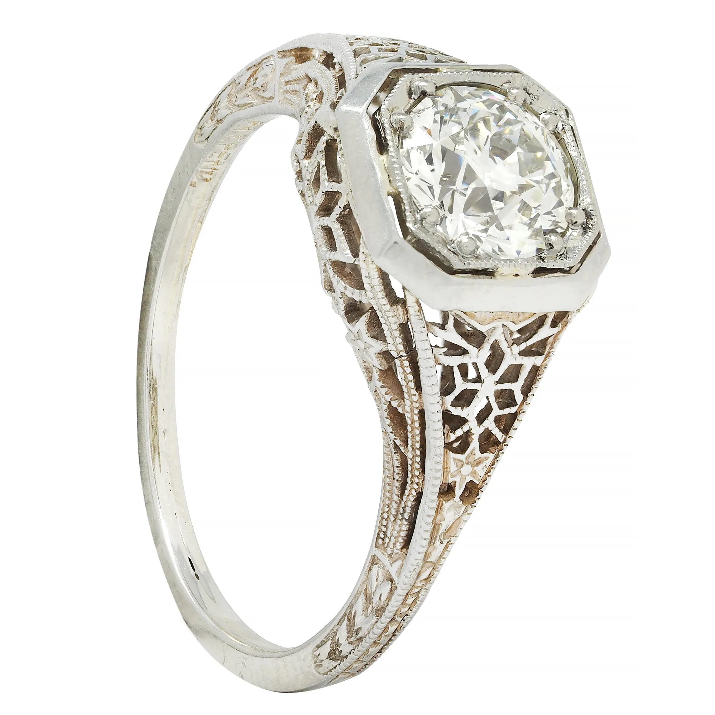 Art Deco 0.90 CTW Old European Cut Diamond Floral Vintage Engagement Ring