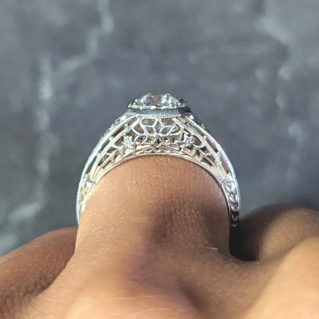 Art Deco 0.90 CTW Old European Cut Diamond Floral Vintage Engagement Ring