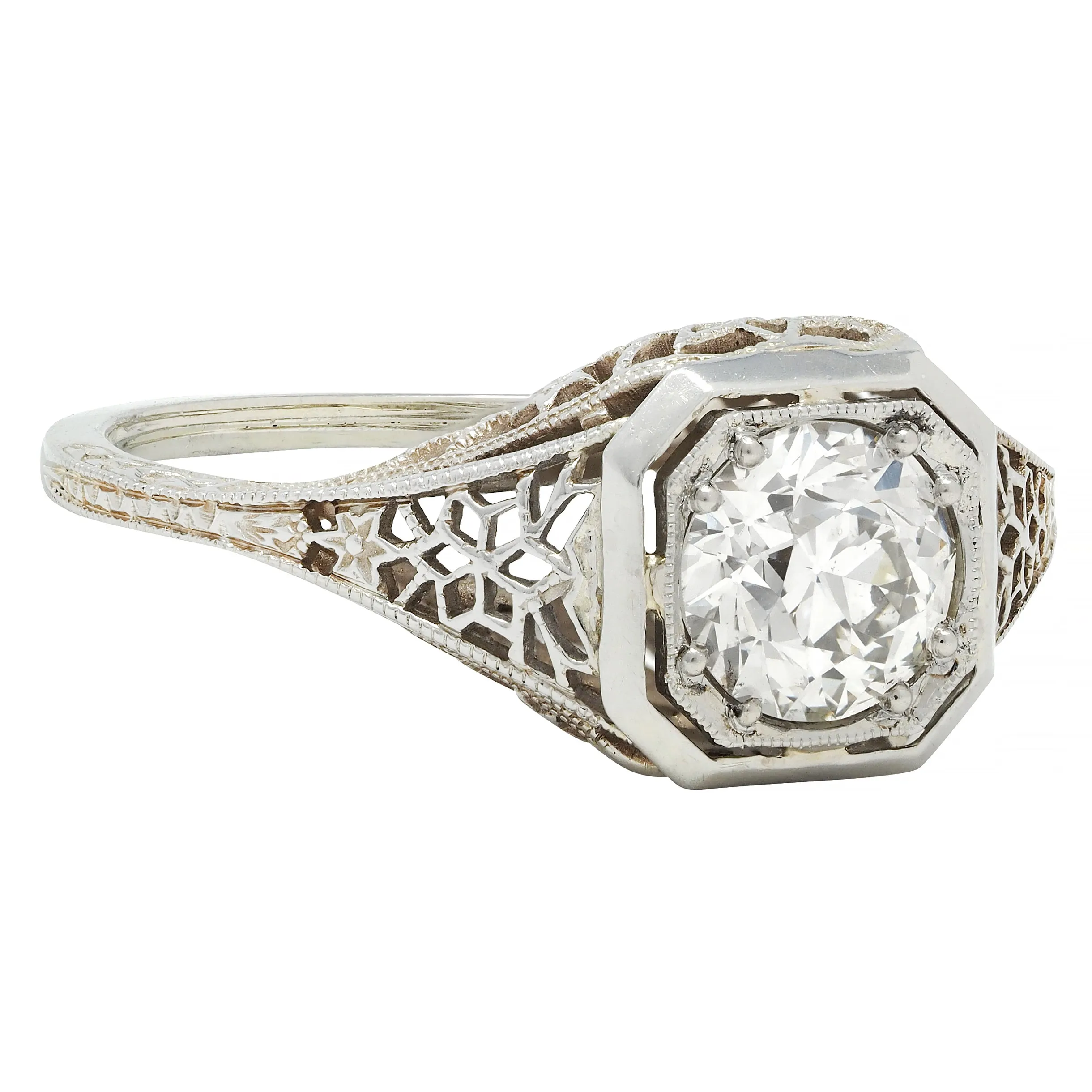 Art Deco 0.90 CTW Old European Cut Diamond Floral Vintage Engagement Ring