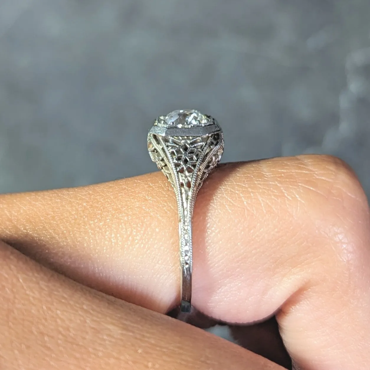 Art Deco 0.90 CTW Old European Cut Diamond Floral Vintage Engagement Ring