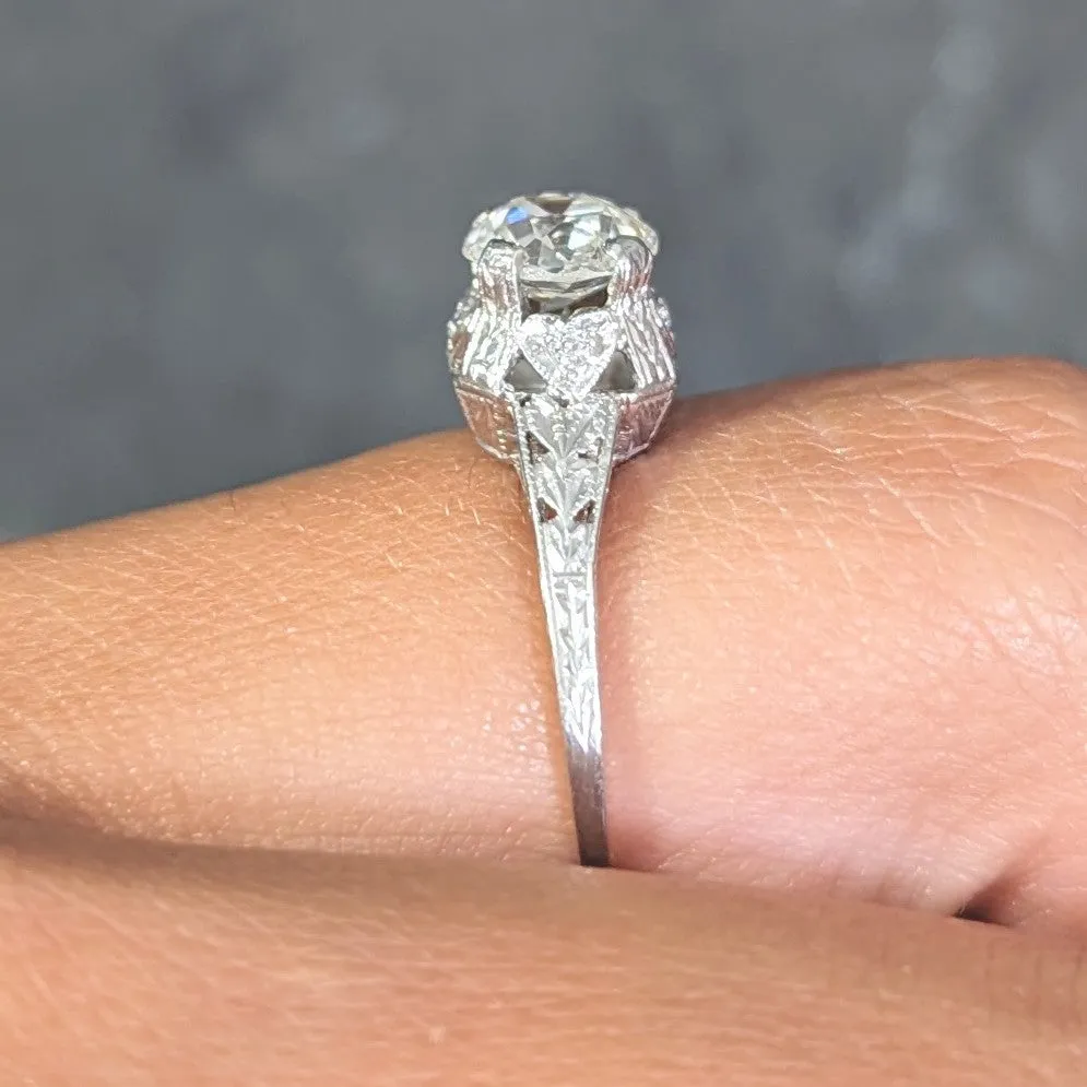 Art Deco 0.91 CTW Old European Cut Diamond Platinum Heart Vintage Engagement Ring