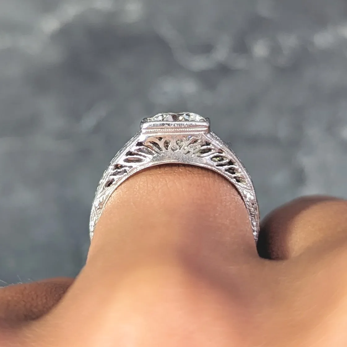 Art Deco 1.06 CTW European Diamond Platinum Foliate Vintage Engagement Ring GIA